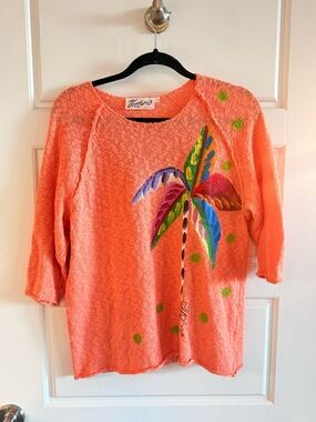 Victoria Hand Painted Orange Palm Tree Knit Top 100% cotton Size XL